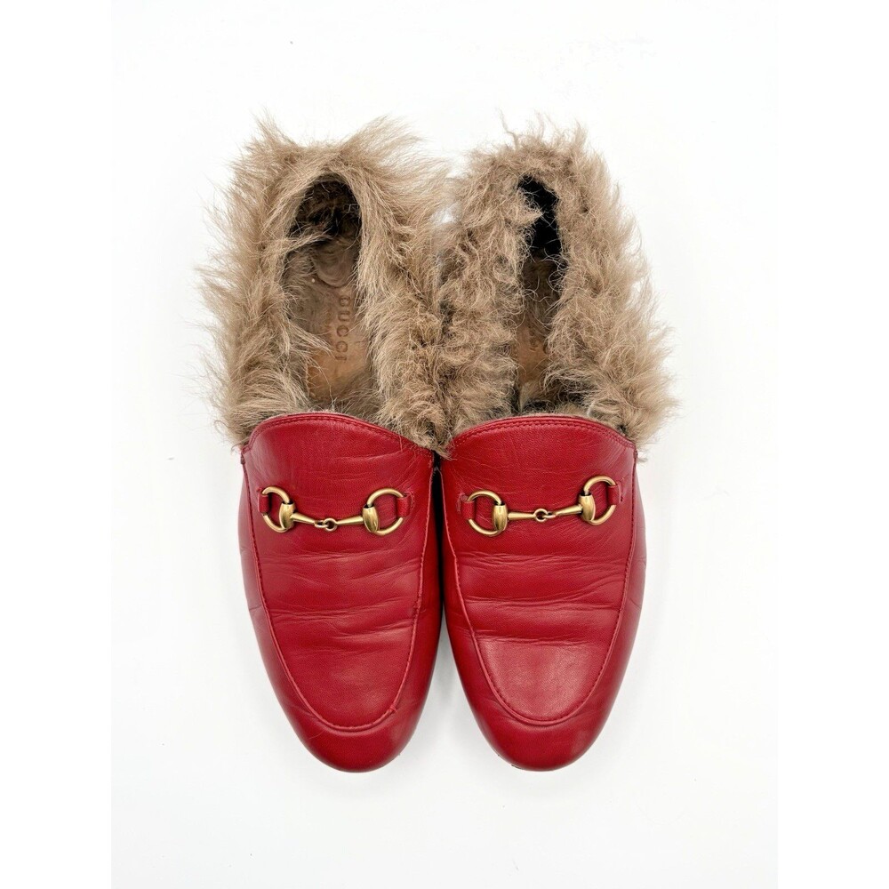 Gucci Red Leather Jordaan Loafers w/ Fur Shearling Trim & Gold Horse-bit EU 37 - Picture 4 of 10